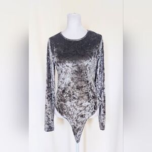 And Now This Long Sleeve Velvet Thong Bodysuit Silver Womens Medium